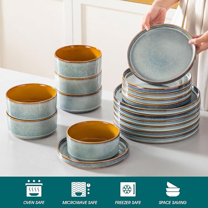 vancasso ONION Ceramic Plates and Bowls Sets, 18 Pieces Light Blue Dinnerware Sets for Kitchen, Reactive Glaze Dishes Set for 6, Dishwasher and Microwave Safe
