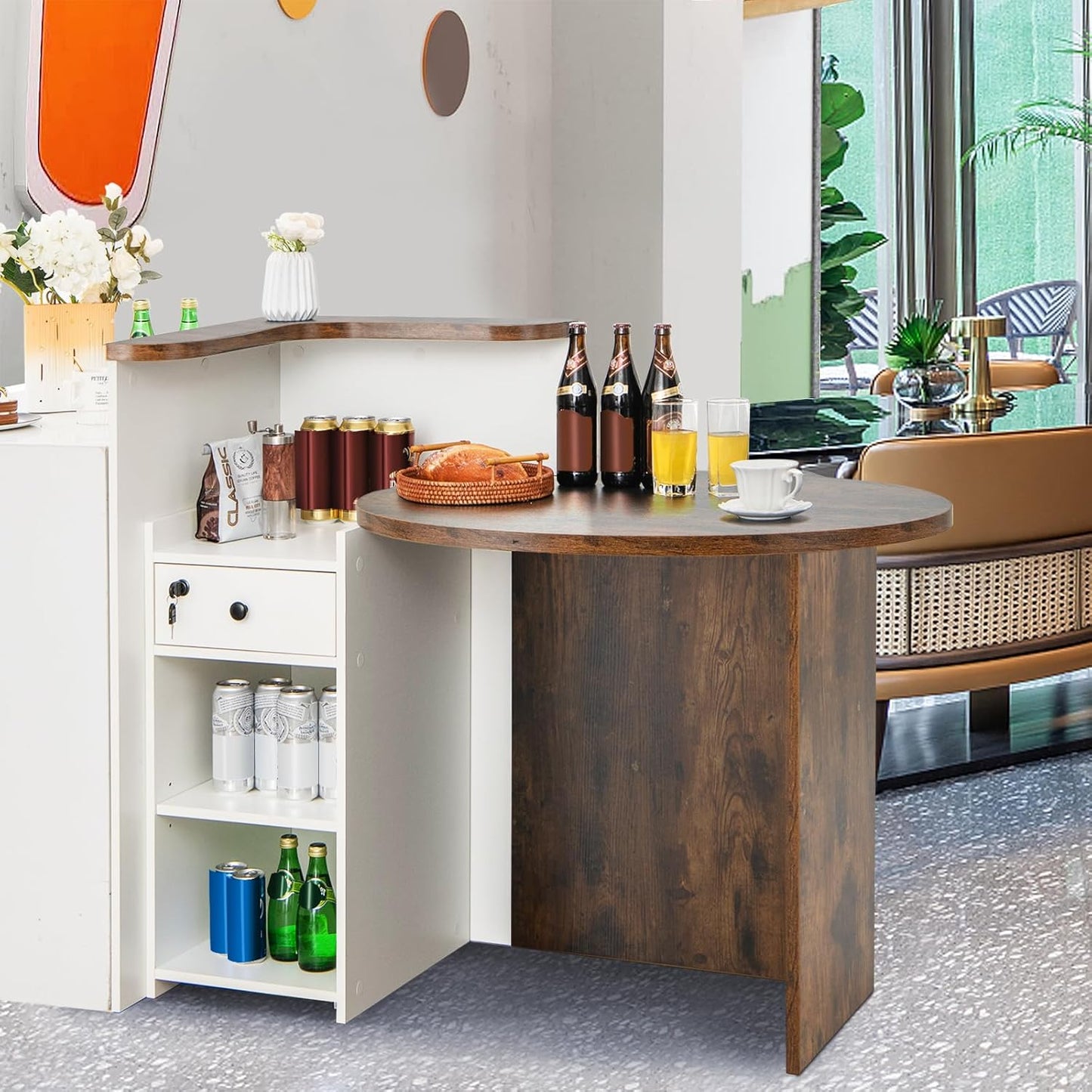 Tangkula Reception Desk - Stylish Front Counter with Lockable Drawer & Adjustable Shelf | Oval Desktop for Salon & Office