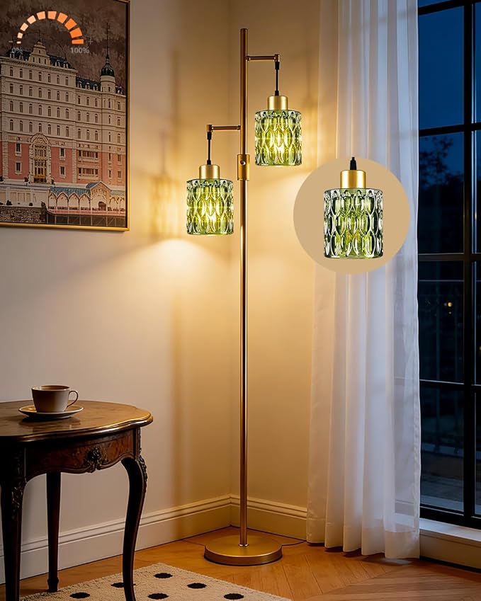 Lightdot 65IN Industrial Gold Floor Lamp for Living Room, 2- Light Green Glass Floor Lamps with Warm White Bulbs, Modern Farmhouse Tree Standing Tall Lamp with 5Lbs Heavy Base for Bedroom Home Office