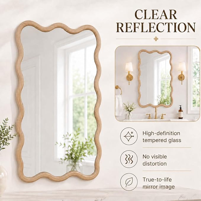 Majnesvon 20x30 Inch Asymmetrical Wall Mirror Wood,Rustic Irregular Shaped Vanity Mirror for Bathroom,Bedroom, Living Room, Entryway, Fireplace,Wall Decor,Solid Wooden Frame (Oak - 1, 20"x30" Inch)