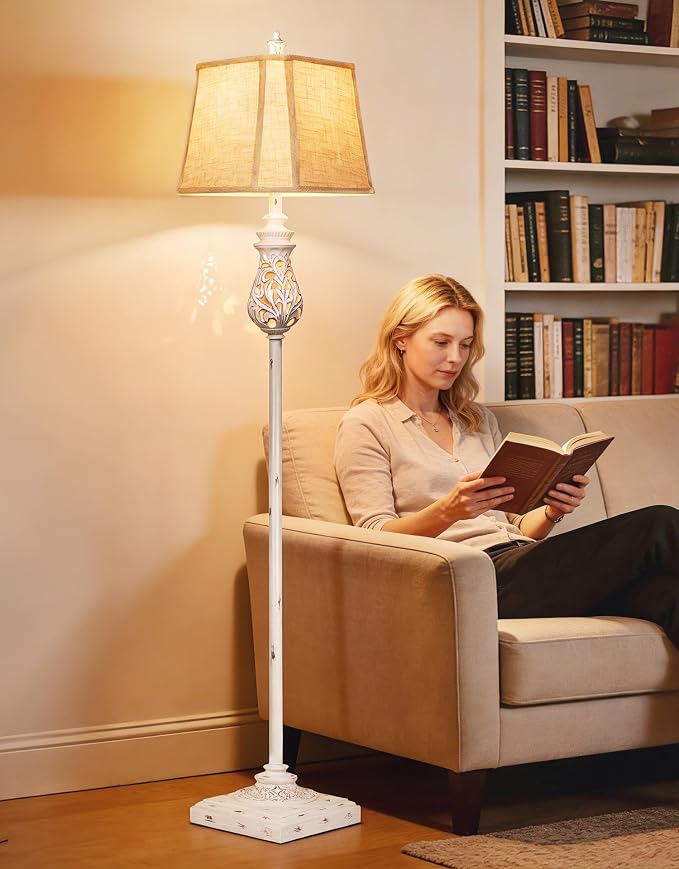 64'' Vintage Floor Lamp with Nightlight, Rustic Farmhouse Tall Standing Lamp with Rotary Switch and Beige Linen Shade for Living Room, Corner, Bedroom, House Decor, Cream White (Bulb Included)