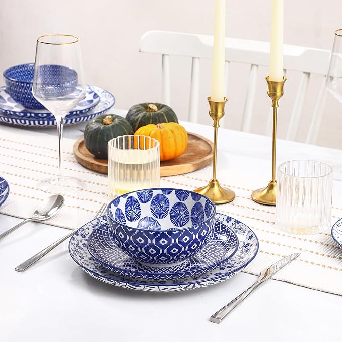 Selamica Ceramic Plates and Bowls Sets,12 Pieces Dinnerware Sets for 4,Scratch Resistant Dish Set,Dishwasher & Microwave Safe, Vintage Blue