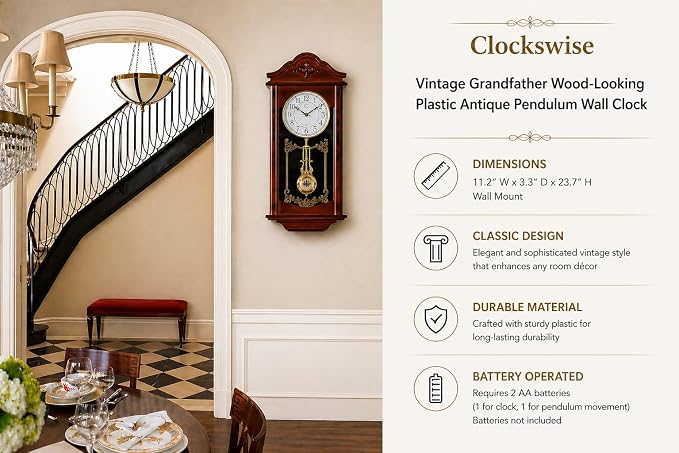 Clockswise 23.7" Vintage Grandfather Pendulum Clock - Antique Wood -Look Plastic Wall Clock for Living Room Decor, Silent Battery-Operated, Brown, Pendulum Clocks for Kitchen, Office, Dining Room