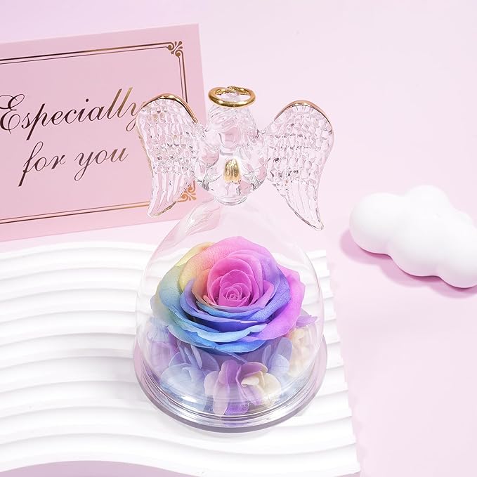 Yamonic Mom for Mom Grandma, Angel Figurines with Real Rose Birthday Gifts for Moms Women, Preserved Rose Flower Angel Figurines for Mothers Day Valentine's Day Gifts for Her(Rainbow)