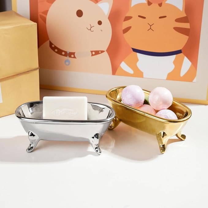 6.7" Ceramic Mini Clawfoot Bathtub Bar Soap Dish, Decorative Bar Soap Holder, Soap Tray Sponge Holder for Shower, Bathroom & Kitchen Sink (Gold)