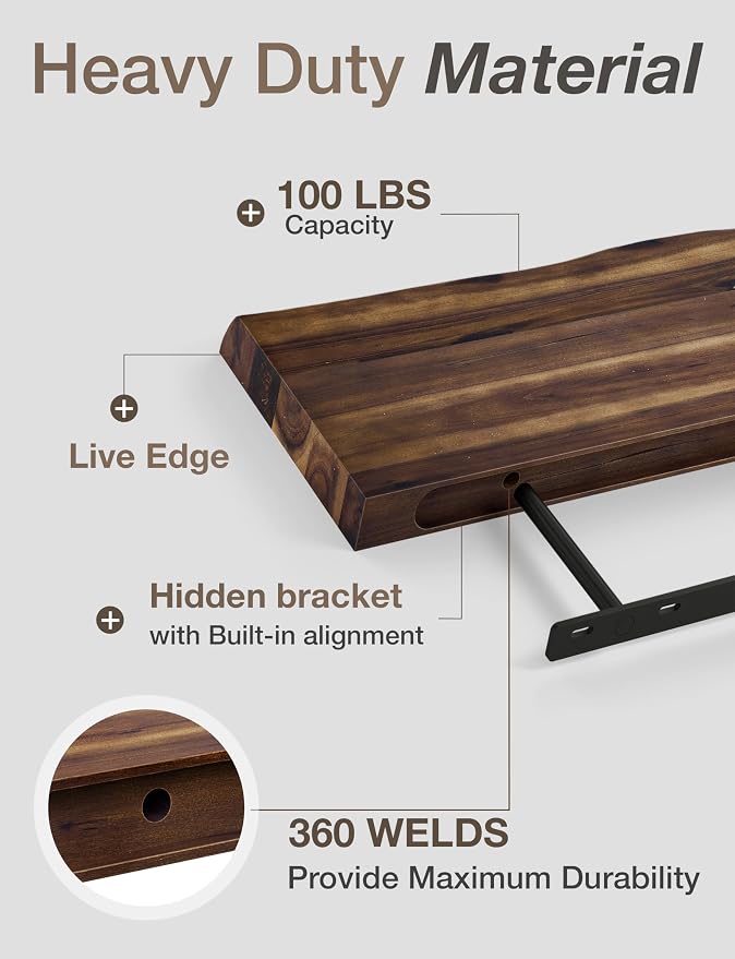 BATODA 17” Acacia Live Edge Floating Shelves, Wooden Floating Shelves for Wall - Floating Book Shelves, Book Shelf for Bathroom, Kitchen - Wall Mounted Shelf for House Decor (Walnut Color)