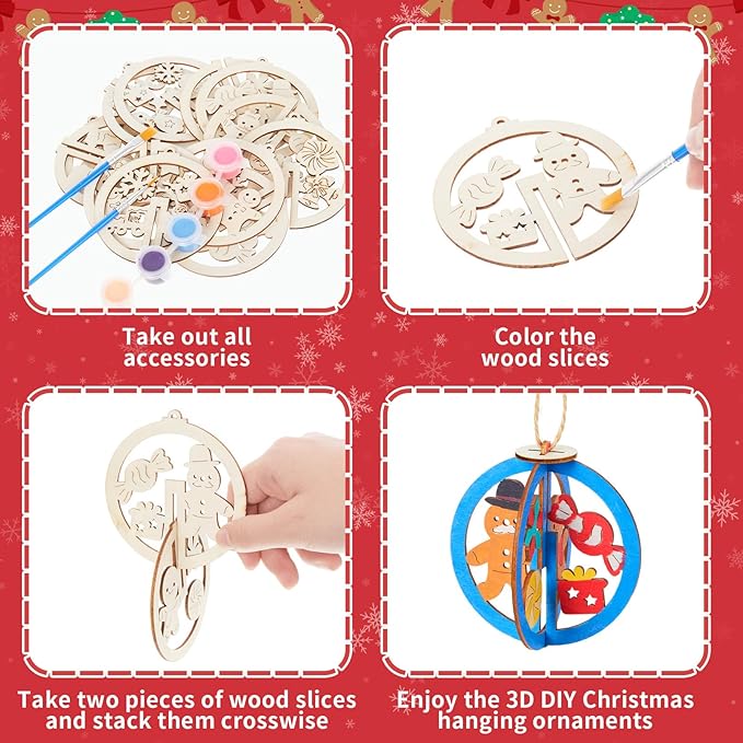 Chunful 24 Pcs DIY Christmas Wooden Ornaments 3D Unfinished Wood Crafts to Paint Christmas Hanging Cutouts Blank Hollow Wood Santa Reindeer Snowman Slice for Xmas Tree Decorations(Gingerbread)