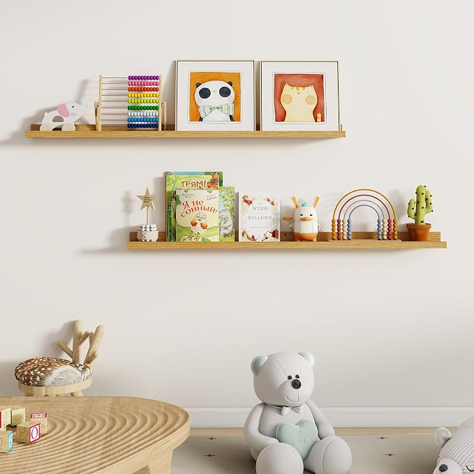 Dreamland Picture Ledge Shelf for Wall, Floating Shelves Set of 2, 48 Inch Long Floating Shelves with Lip for Living Room, Bedroom, Bathroom, Kitchen, Oak