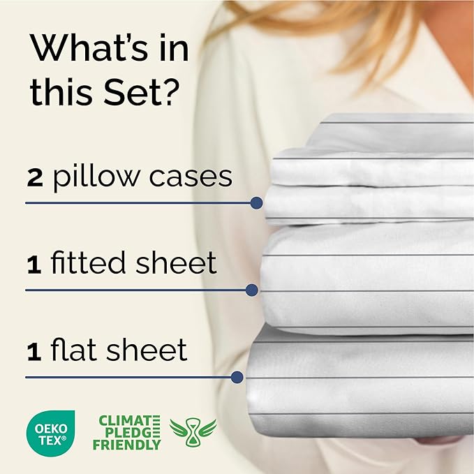 Striped Sheets - Grey Striped Sheets - 1 Flat & 1 Fitted & 2 Pillowcases w/ Deep Pockets – Comfy, Wrinkle & Fade Free - Ultra-Soft, Breathable & Cooling – Luxury Pinstripe Bedding - King Size Bed Set