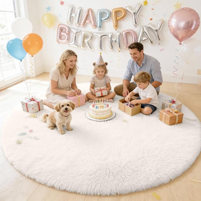 OLANLY Ivory Round Rugs for Bedroom - Machine Washable, 9 ft Circle Area Rugs for Living Room, Soft and Fluffy Shaggy Carpet for Teen Girls and Boys, Nursery Rooms, Dorms, Home Decor Aesthetic