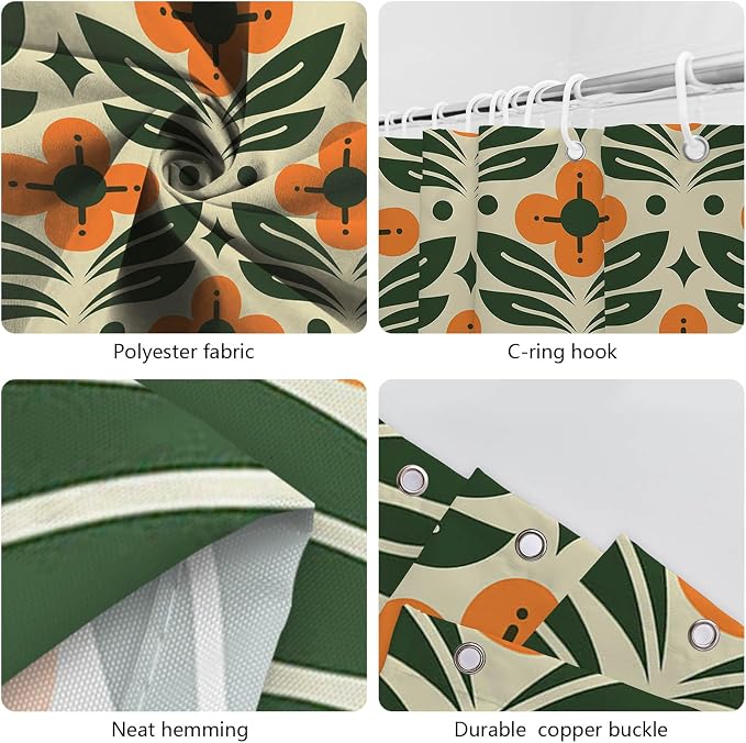 MEHOFOND Orange Floral Shower Curtain Vintage Mid Century Modern Abstract Geometric Green Plant Bathroom Curtain Boho Retro Classic 1950S 60S Bathtub Decor Fabric Waterproof Bath Curtain 72x72 Inch