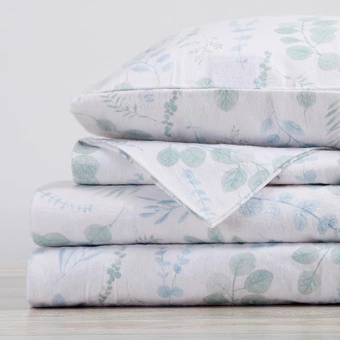 Market & Place 100% Cotton King Flannel Sheet Set | 4 Piece Deep Pocket Cozy Winter Floral Bed Sheets | Double Brushed for Extra Softness & Comfort | Alpine Collection (King, Eucalyptus Leaves)