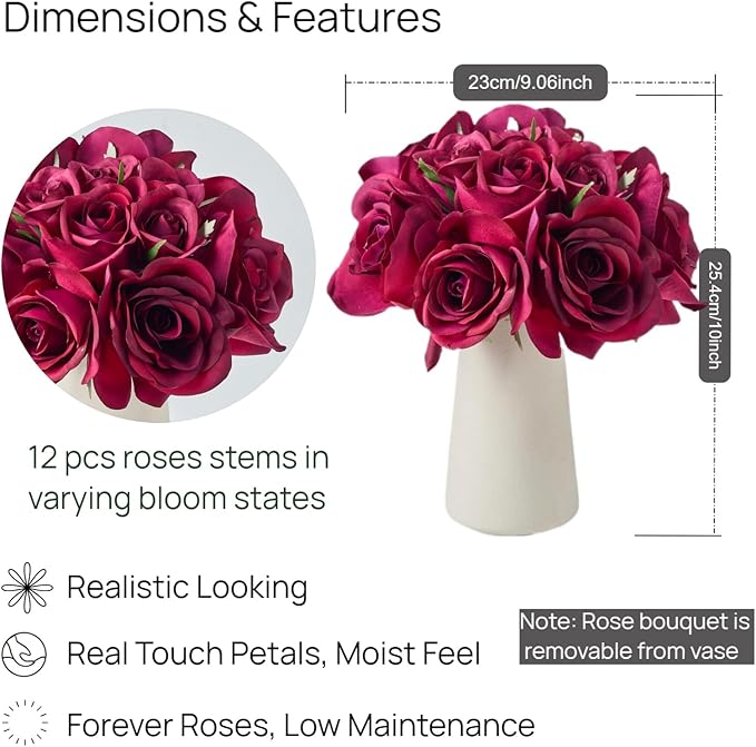 12-Piece Faux Real Touch Rose Bouquet with Ceramic Vase, Fake Flowers in Vase, Artificial Flowers for Home, Wedding, Bridal Bouquet, Party & Dining Table Centerpiece Decor (Burgundy, 10" High)