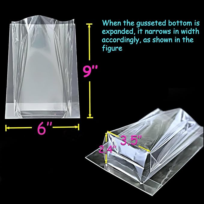 PigPotParty Cellophane Treat Bags 6"x9", 50 Pack Clear Goodie Bags, Bottom Gusset for Stand-Up Display, Small Plastic Gift Wrap for Cookies, Candy, Party Favors, Popcorn, Includes 50 Gold Ties