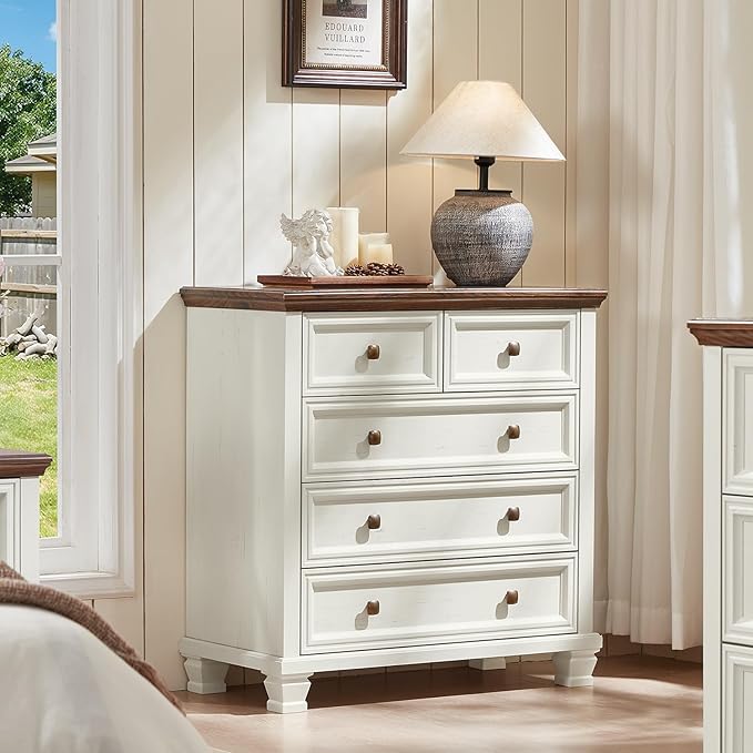 Farmhouse 5 Drawer Dresser for Bedroom, 32.6 Inch Tall Vintage Chest of Drawers, Rustic Small Dressers w/Square Solid Wood Legs, Mid-Century Storage Organizer for Living Room, White