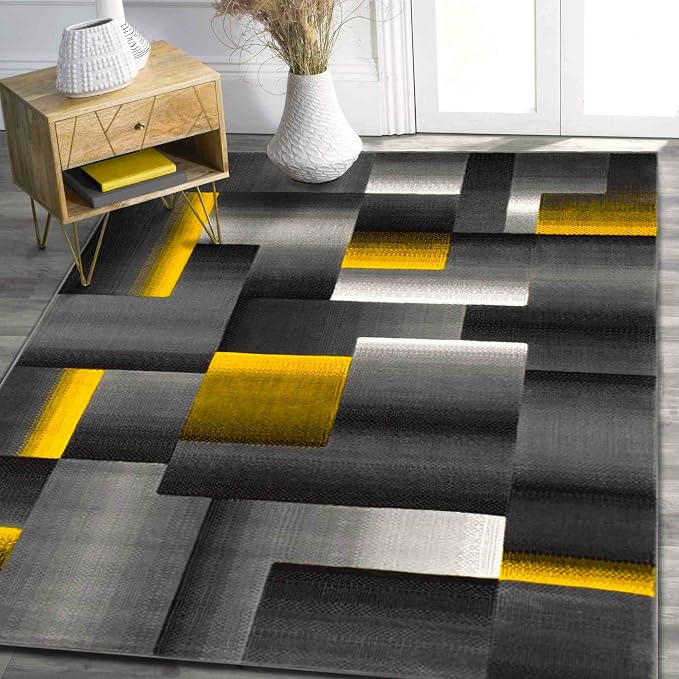 HR Rug in Orangish Yellow - Premium Quality Orangish Yellow/Black/Gray Abstract Geometric Modern Squares Pattern Area Rug - Contemporary Styling for Living Room, Bedroom - Unique Home Décor