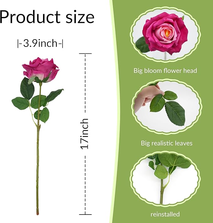 6 Pcs Silk Real Touch Latex Roses, Artificial Single Stem Big Bloom Faux Roses for Home Party Office Wedding Indoor Decor, Floral Arrangements, Table Centerpieces