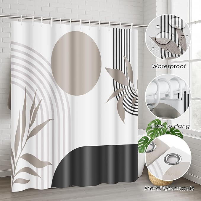 Boho Mid Century Shower Curtain Set with Toilet Lid Cover and Non-Slip Rugs, Abstract Geometric Vintage Grey 4 Pcs Modern Minimalist Shower Curtain for Bathroom Set with 12 Hooks