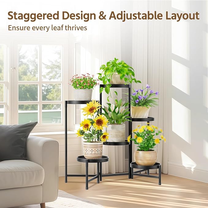 LASZOLA 6 Tier Large Plant Stand Indoor Tall with 10 Inch Metal Tray, Corner Folding Flower Display Rack, Modern Plant Holder Shelf for Outdoor Patio Porch Garden Office Living Room, Black