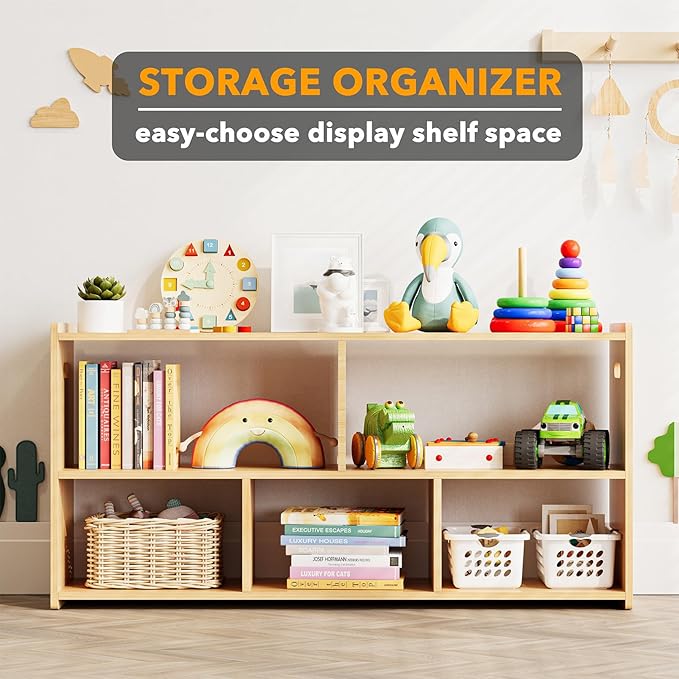 SpaceAid 5-Compartment Bookshelf, Montessori Bookcase for Toddlers, Wooden Book Shelf Organizer Storage Furniture for Kids Rooms, Playroom, Nursery and Classroom, 44.5“ Wide, Natural