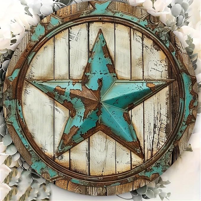 Rustic Texas Star Iron Wall Art, 7.98X7.98" Round Metal Tin Sign, Vintage Decor, No Electricity Needed, with Ideal Gift and Scrapbooking Accessory for Home, Cafe, Apartment, Restaurant
