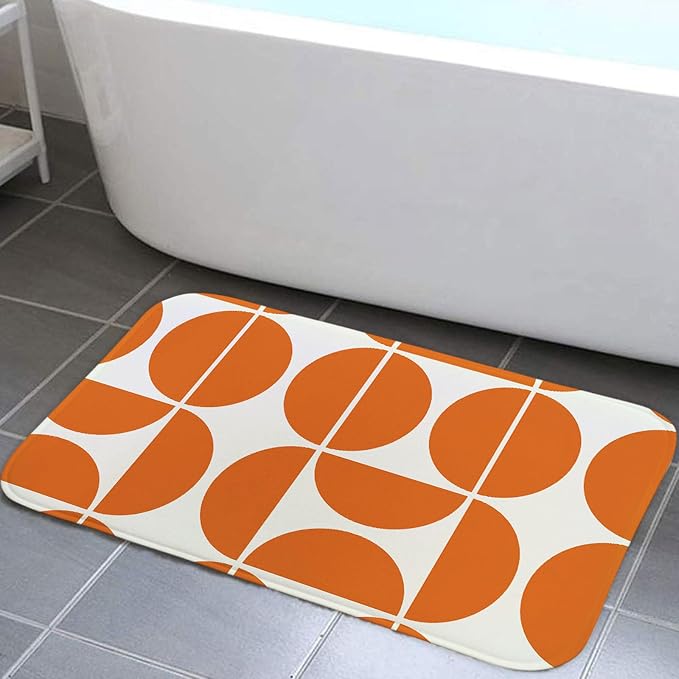 Orange Mid Century Modern Bath Mat, Boho Abstract Geometric Semicircle Retro Art Bath Rug for Bathroom, Colorful Unique Pattern Flannel Bath Mat Soft Non Slip Bath Rugs 29X17IN