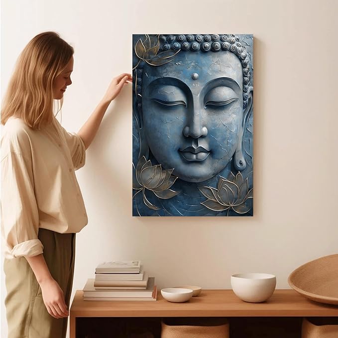 Canvas wall art Golden lotus crown Serene Buddha poster Ethereal blue toned art with delicate floral decor Zen wall art for a tranquil meditation space 16x24in Wood Framed