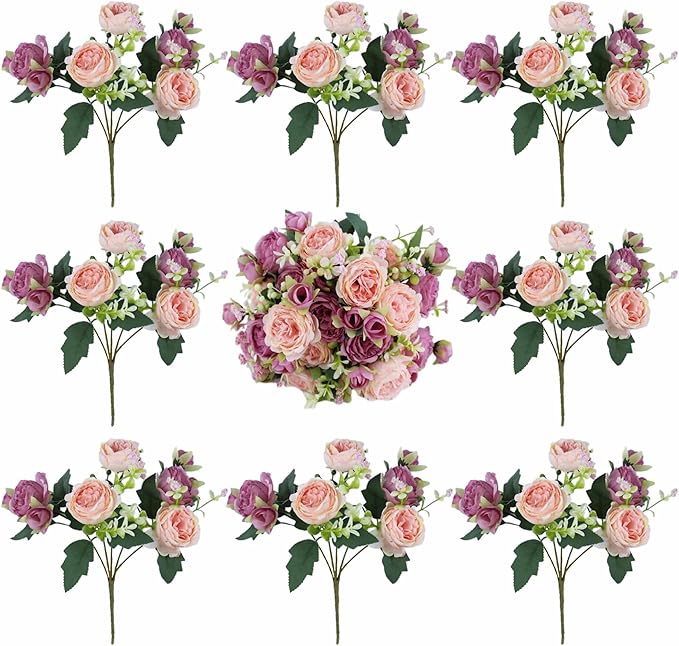 8 Bundles Peonies Artificial Flowers Silk Peonies Faux Flowers Fake Peonies Artificial Flowers Peonies Bouquet for Table Centerpieces Decoration Wedding Decor Home Party Decor (Pink and Violet Red)