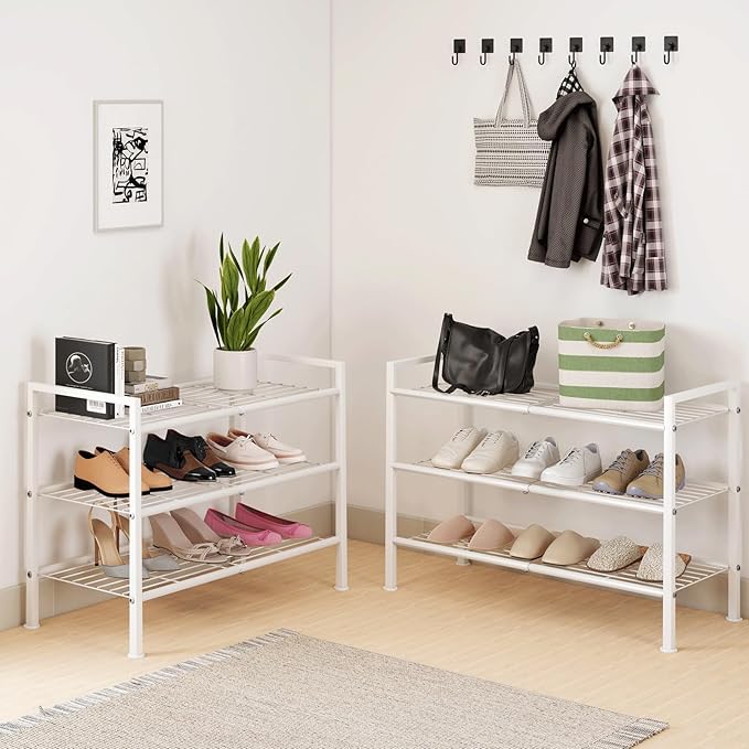 DongRong White Shoe Rack,3 Tier Metal Simple Shoe Storage Organizer Multi-Functional Shelf for Closet,Entryway, Garage,Dorm Room(White, 3 Tier)