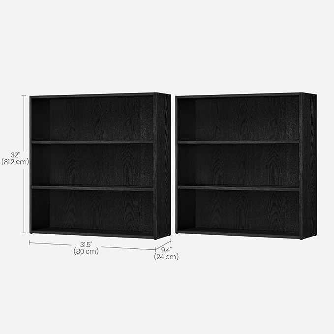 VASAGLE Set of 2 Bookshelves, 31.5 Inches Wide, 3-Tier Open Bookcases with Adjustable Storage Shelves, Floor Standing Units, Ebony Black ULBC173T56-2