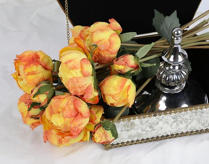 IPOPU Orange Flowers 2 Bouquets Faux Peonies Flowers Look Real 14PCS Artificial Peonies Silk Faux Flowers for Vase for Coffee Table Decor Wedding Decorations Burnt Orange Decor