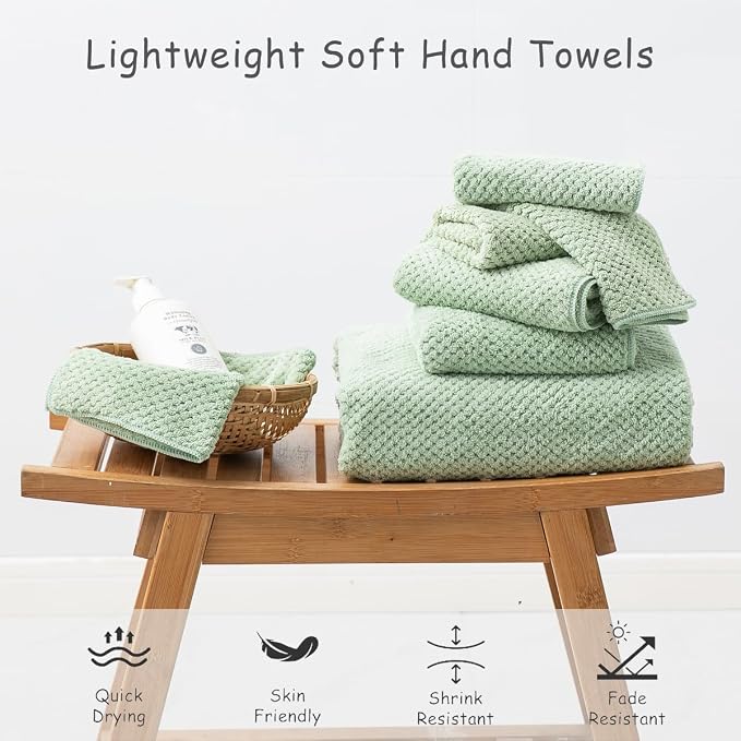 2 Pcs Green Hand Towel Set 16"x31" Soft Highly Absorbent Quick Dry Bathroom Towels Polyester Plush Towels Set Woven Towels for Bathroom Kitchen Hotel Spa Gym