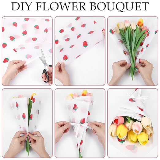 20 Sheets Flower Wrapping Paper, Translucent Strawberry Flower Bouquet Wrapping Paper with Ribbon White Floral Papers White Gifts Wrapping Papers for Bouquets Birthday Girl Wedding Christmas Valentine