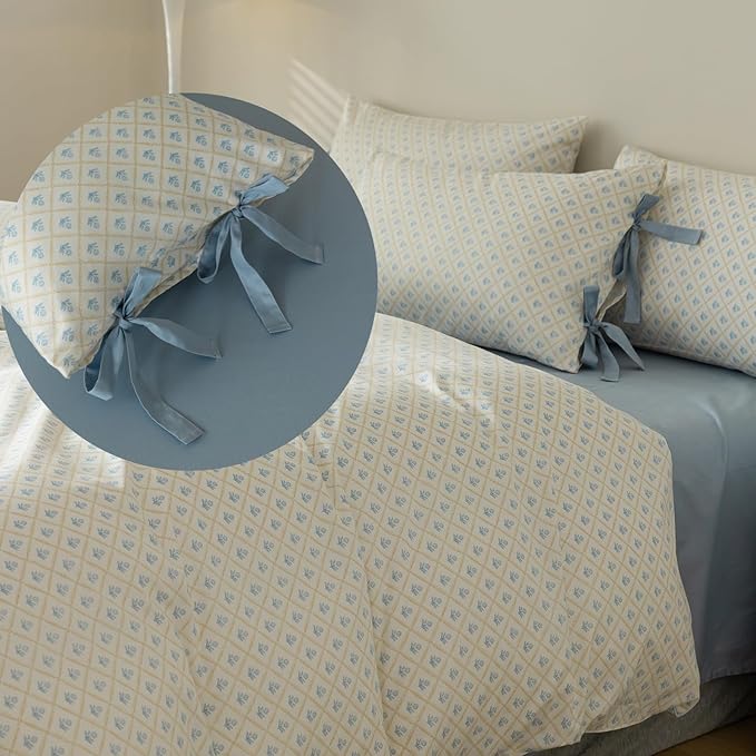 AOJIM Blue Floral Bedding Duvet Cover Full Size, Pure Cotton Comforter Cover Set 3pcs with Plaid Design for Kids Adults, 1 Soft Duvet Cover 80x90'' with Zipper Closure and 2 Pillowcases with Bowknot
