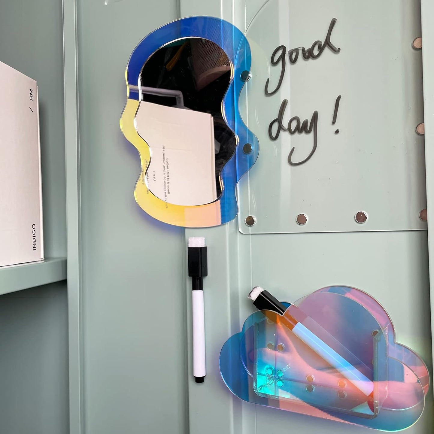 Svartur Iridescent Locker Accessories Set - Magnetic Mirror & Pen Holder | Acrylic Dry Erase Board