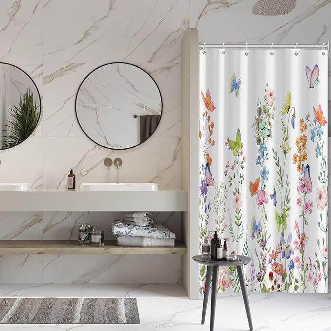 Spring Floral Butterfly Shower Curtain Summer Colorful Wildflowers Botanical Shower Curtain for Rustic Vintage Bathroom Decor Easter Shower Curtain Set 54x78 Inches