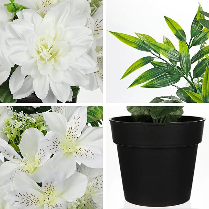 White Artificial Flowers Small Fake Flowers in Vase Peonies Dahlia Tiger Lily Potted Silk Flower Arrangements Faux Plants & Flowers Home Bathroom Kitchen Table Centerpieces Desk Decor