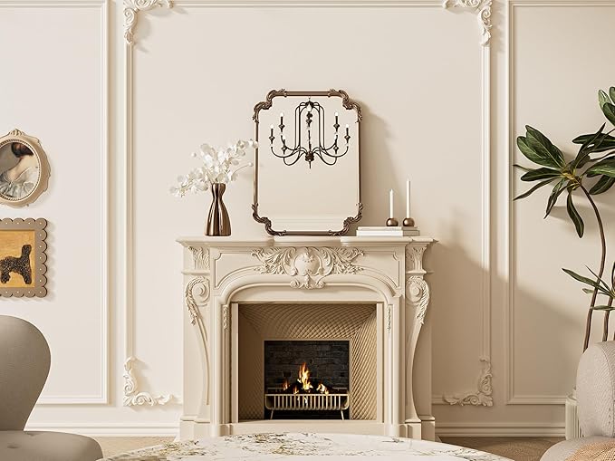 TETOTE Vintage Baroque Gold Rectangle Mirror for Wall 22 x 30 Antique Brass Scroll Frame French Mantle Mirror for Fireplace Bathroom Living Room Bedroom Decor, Horizontal/Vertical