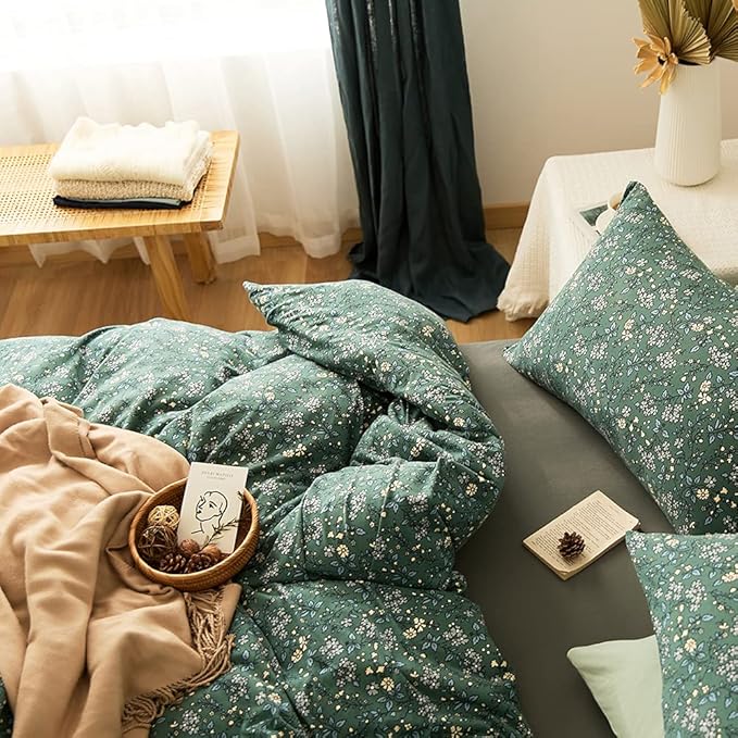 EAVD Vintage Style Floral Duvet Cover Twin Soft Jersey Knit Cotton Chic Floral Bedding Set for Girls Women Reversible Green Floral Comforter Set with Zipper Closure 4 Ties