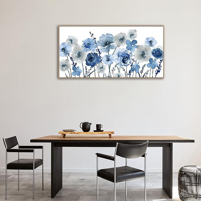 Framed Flowers Canvas Wall Art - Indigo Floral Canvas Pictures Living Room Wall Decor Botanical Canvas Prints Painting Abstract Artwork Bedroom Office Home Decor 24"x 48"