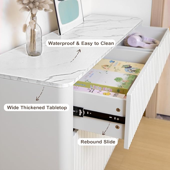 Fluted 6 Drawers Dresser for Bedroom,52" Wide Handleless Chest of Drawers with Faux Marble Top, Wooden Dresser TV Stand, Wood Drawer Organizer for Living Room, Hallway, White