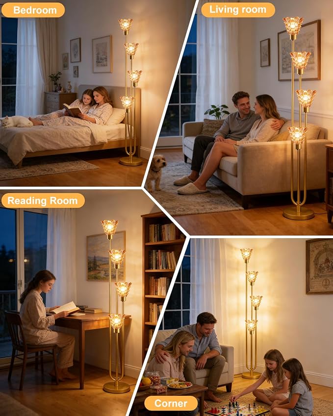 63IN 4-Lights Glass Floor Lamp Modern Dimmable Floor Lamps with Amber Glass Shade& Warm White Bulbs for Wedding/Party, Gold Tall Standing Lamp with 5Lbs Heavy Base for Living Room/Bedroom