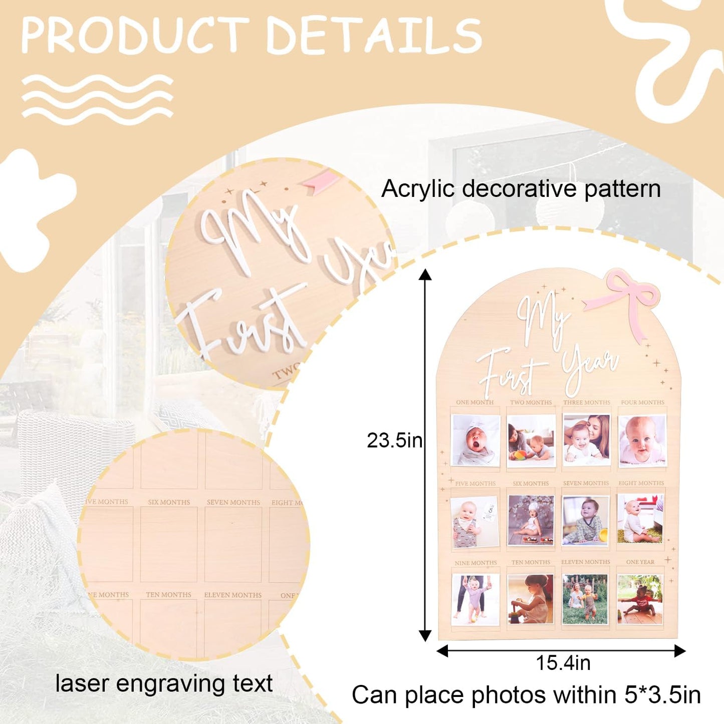 WAUAO My First Year Birthday Board - Monthly Milestone Wood Photo Display for Girls | 12 Months of Memories