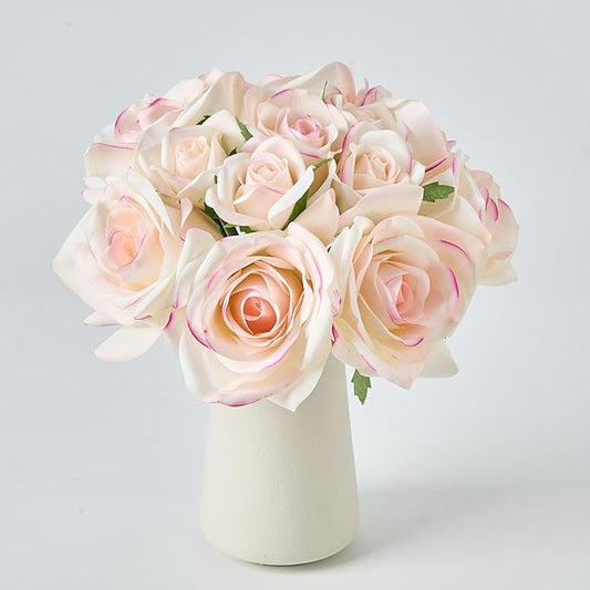 12-Piece Faux Real Touch Rose Bouquet in Ceramic Vase, Fake Flowers in Vase, Artificial Flowers for Home, Wedding, Bridal Bouquet, Party & Dining Table Centerpiece Decor (Pink Edge, 10" High)