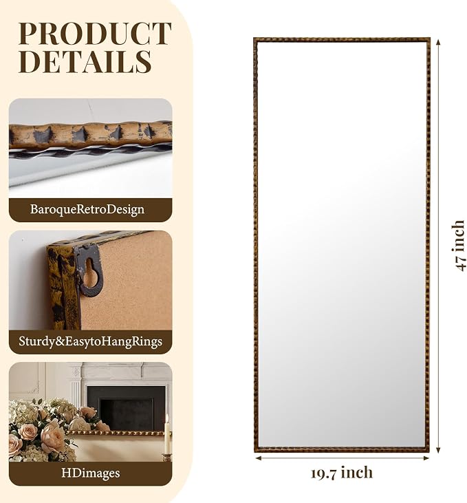 Antique Full Length Mirror, 20"x47" Long Metal Framed Full Body Mirror, Rectangle Baroque Floor Mirror Decorative for Dressing Living Room Bedroom Entryway Bronze