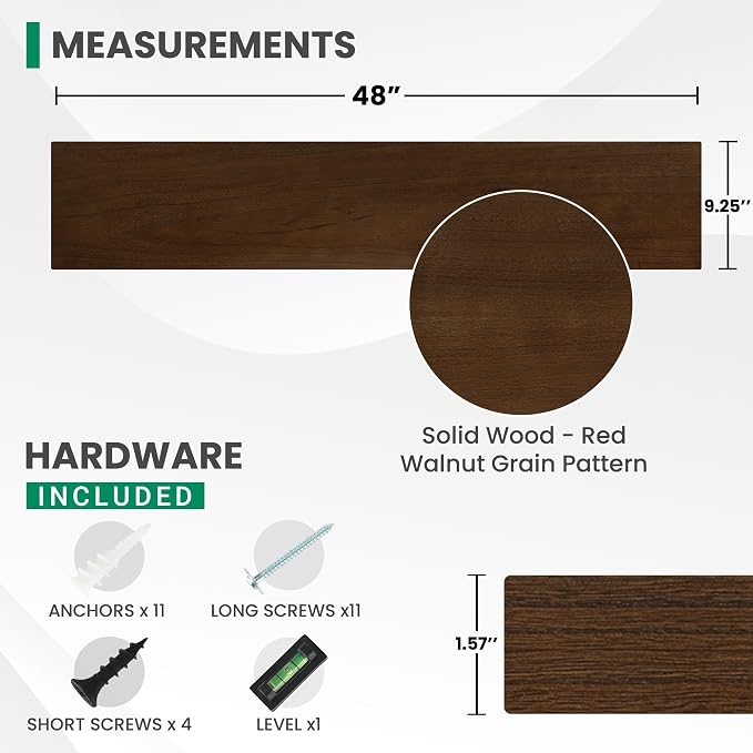 Marsmiles Solid Wood Floating Shelves for Wall, 48”W x 9”D x 1.56”H Large Wall Shelves for Living Room Bedroom Bathroom Kitchen Drcor Storage with Invisible Heavy-Duty Metal Bracket, Walnut, Set of 1