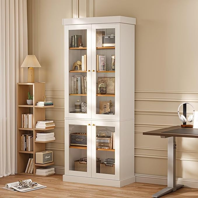 Vyre 70.8" Bookshelf with Glass Doors, Farmhouse Modular Bookcase with 6-Tier Adjustable Shelves, Large Storage Cabinet for Living Room & Home Office, White