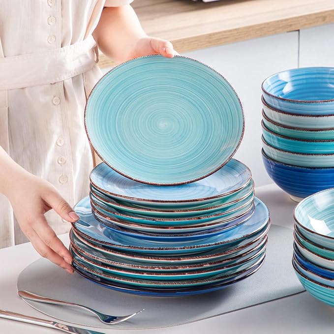 vancasso Bonita Stoneware Dinnerware Sets 24 Pieces Service for 6, Hand-Painted Spiral Dishes Set, Ceramic Kitchen Plates and Bowls Sets-Microwave and Dishwasher Safe (Blue,24 Pcs)