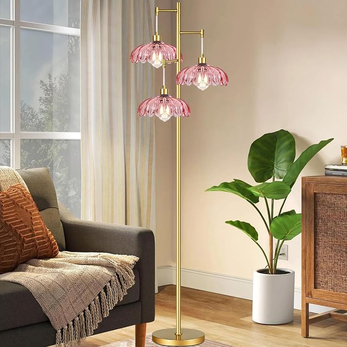 ILLMTW Pink Floor Lamp for Living Room,Bedroom,Gold Flower Mid Century Modern Standing Lamp Brass Tree 3 Light Tall Floor Lamps Vintage Floor Lights Glass Lamp Shade Farmhouse Boho Bohemian