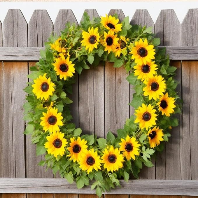 Artificial Sunflower Vine 175cm, Fake Sunflowers Garland with Yellow Silk Flowers and Green Leaves for Wedding Party Home Decor, 2 Pack